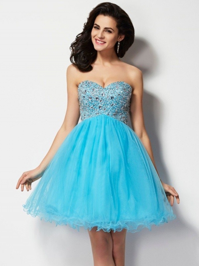 A-Line/Princess Sweetheart Sleeveless Short Beading Tulle Homecoming Dresses [40043]