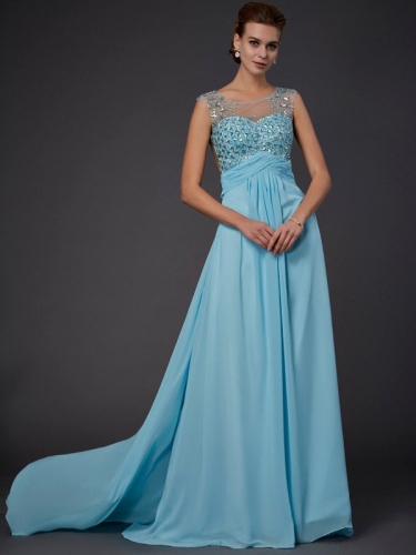 A-Line/Princess Scoop Beading Sleeveless Long Chiffon Dresses