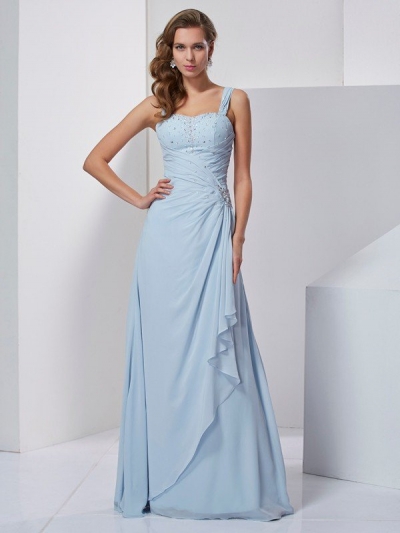 A-Line/Princess Straps Sleeveless Beading Long Chiffon Dresses