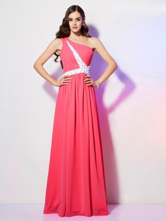 A-Line/Princess One-Shoulder Sleeveless Beading Long Chiffon Dresses