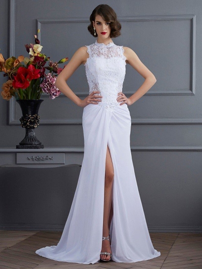 Sheath/Column High Neck Sleeveless Long Chiffon Dresses [40484]