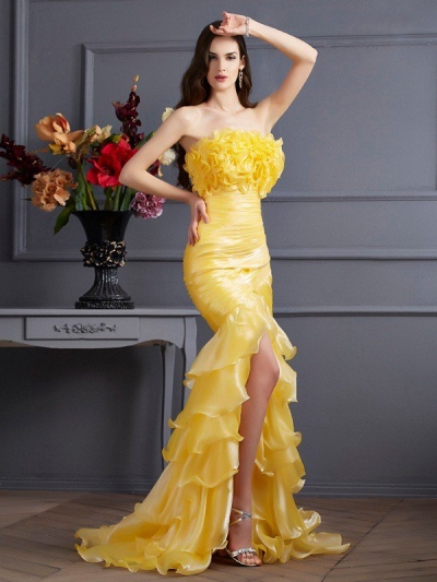 Trumpet/Mermaid Strapless Sleeveless Ruffles Long Tulle Dresses [40511]