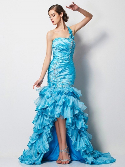 Trumpet/Mermaid One-Shoulder Sleeveless Beading High Low Taffeta Dresses [40585]