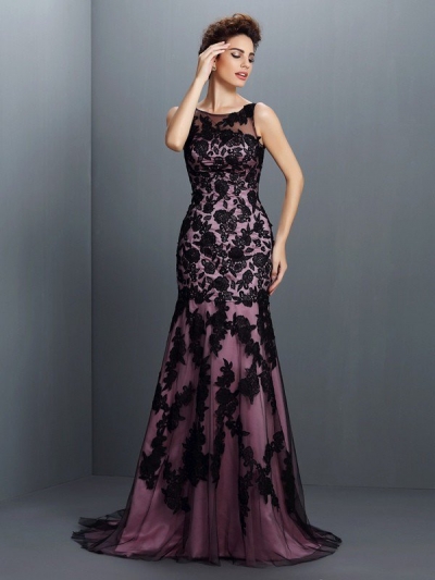 Trumpet/Mermaid Bateau Applique Sleeveless Long Elastic Woven Satin Dresses [50020]