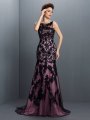 Trumpet/Mermaid Bateau Applique Sleeveless Long Elastic Woven Satin Dresses