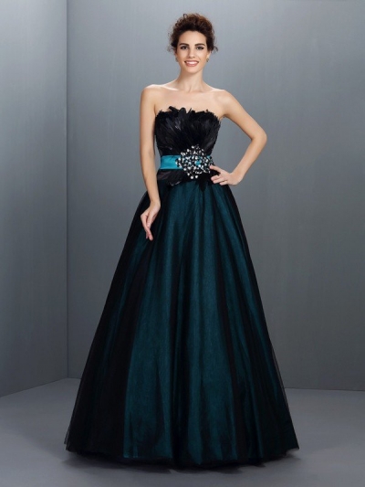 Ball Gown Strapless Feathers/Fur Sleeveless Long Elastic Woven Satin Quinceanera Dresses [50161]