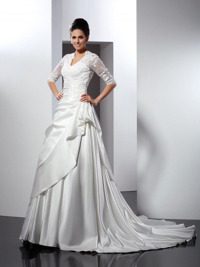 A-Line/Princess V-neck Applique 1/2 Sleeves Long Satin Wedding Dresses [50167]