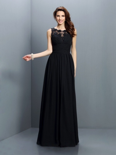 A-Line/Princess Bateau Pleats Sleeveless Long Chiffon Bridesmaid Dresses [50237]