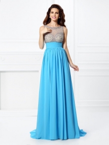 A-Line/Princess Bateau Beading Sleeveless Long Chiffon Dresses