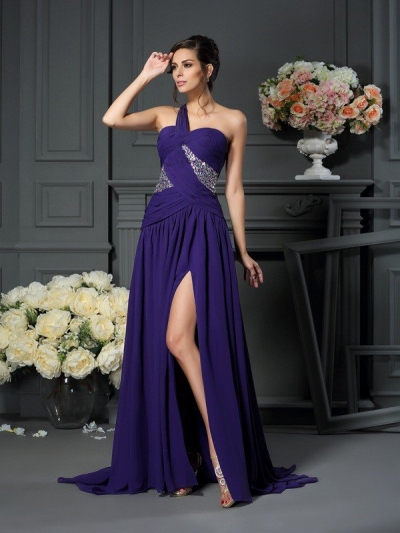 A-Line/Princess One-Shoulder Beading Sleeveless Long Chiffon Dresses [50337]