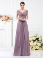 A-Line/Princess V-neck Pleats Short Sleeves Long Chiffon Bridesmaid Dresses