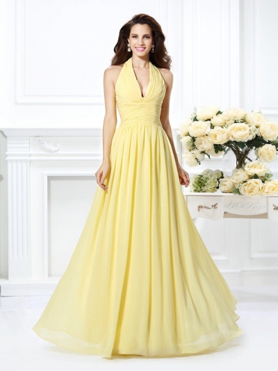 A-Line/Princess Halter Pleats Sleeveless Long Chiffon Bridesmaid Dresses [50477]