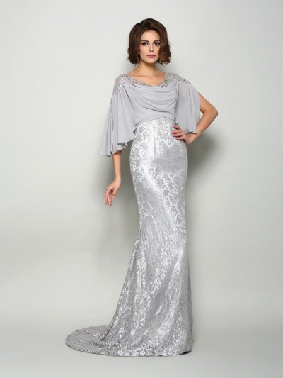 Trumpet/Mermaid Scoop Lace 1/2 Sleeves Long Chiffon Mother of the Bride Dresses [50814]