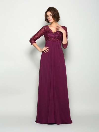 A-Line/Princess V-neck Beading 3/4 Sleeves Long Chiffon Mother of the Bride Dresses [50925]