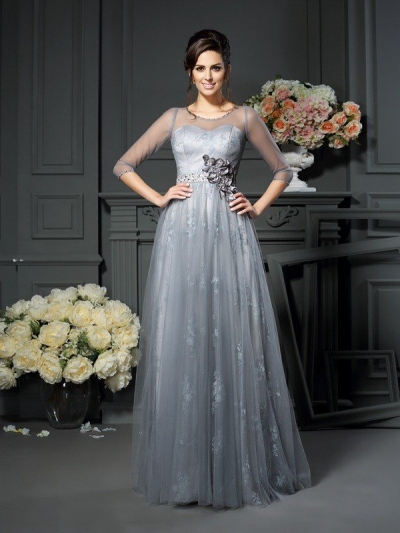 A-Line/Princess Scoop Lace 1/2 Sleeves Long Satin Mother of the Bride Dresses [51116]