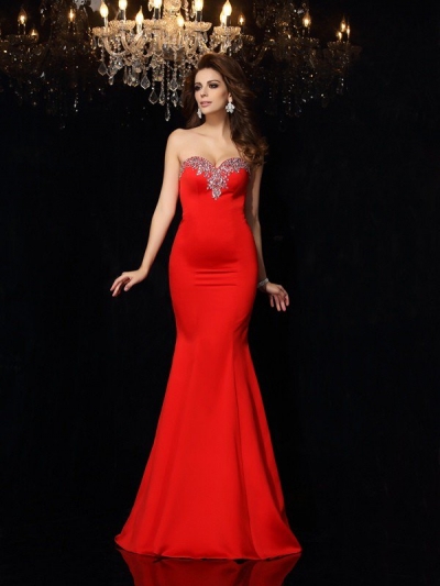 Sheath/Column Sweetheart Beading Sleeveless Long Satin Dresses [51167]