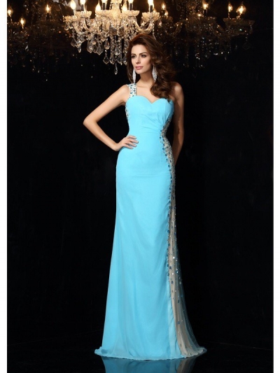 Sheath/Column One-Shoulder Rhinestone Sleeveless Long Chiffon Dresses [51168]