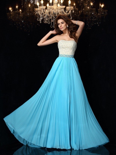 A-Line/Princess Strapless Beading Sleeveless Long Chiffon Dresses [51175]