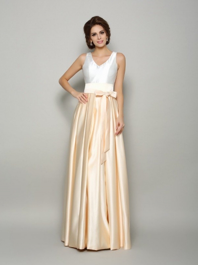 A-Line/Princess V-neck Bowknot Sleeveless Long Satin Mother of the Bride Dresses [51177]