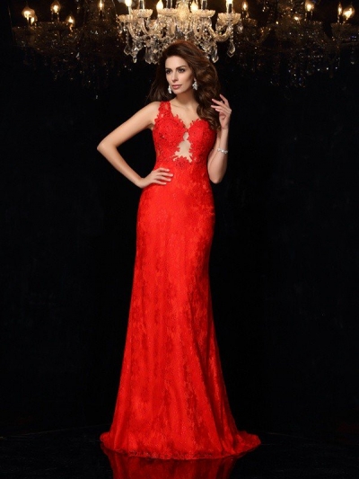 Sheath/Column V-neck Lace Sleeveless Long Satin Dresses [51196]