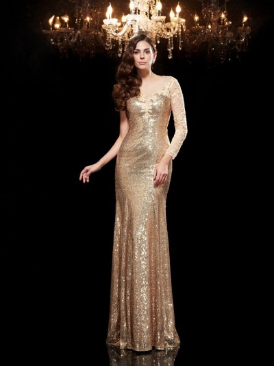 Trumpet/Mermaid Scoop Lace 3/4 Sleeves Long Sequins Dresses [60052]