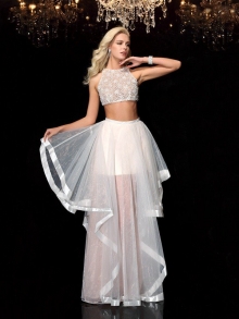 A-Line/Princess Scoop Applique Sleeveless Long Tulle Two Piece Dresses