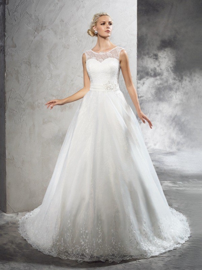 Ball Gown Sheer Neck Sash/Ribbon/Belt Sleeveless Long Net Wedding Dresses [60228]