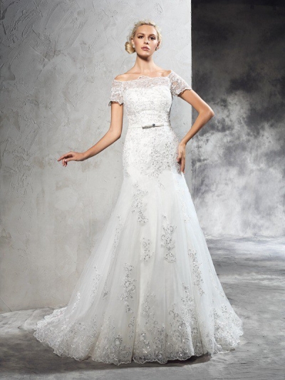 Sheath/Column Off-the-Shoulder Applique Short Sleeves Long Net Wedding Dresses [60233]