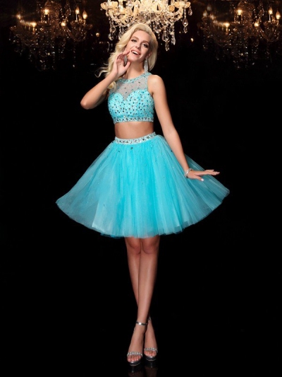 A-Line/Princess Scoop Rhinestone Sleeveless Short Net Dresses [60341]