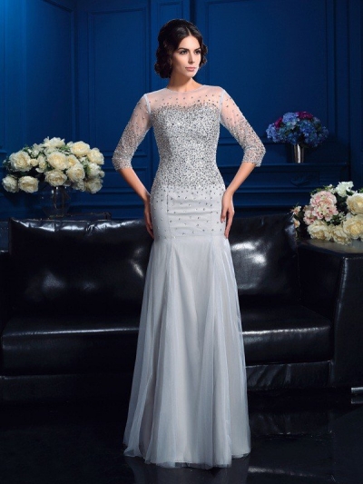 Sheath/Column Scoop Beading 3/4 Sleeves Long Net Mother of the Bride Dresses [60494]