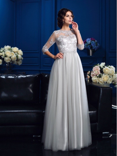 A-Line/Princess Scoop Applique 3/4 Sleeves Long Elastic Woven Satin Mother of the Bride Dresses [60507]