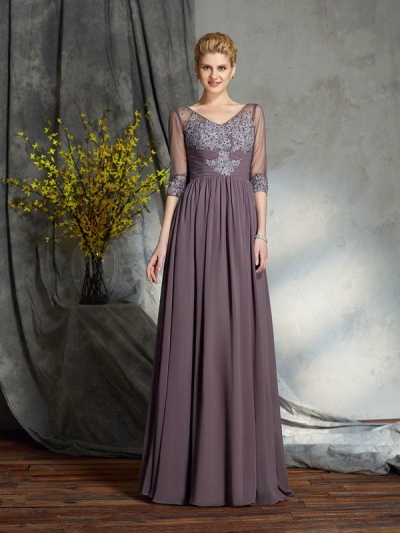 A-Line/Princess V-neck 1/2 Sleeves Long Chiffon Mother of the Bride Dresses [60508]