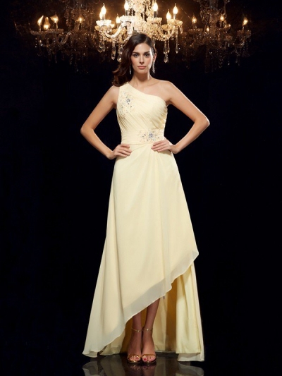 A-Line/Princess One-Shoulder Beading Sleeveless High Low Chiffon Dresses [60552]