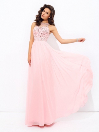 A-line/Princess Jewel Beading Sleeveless Long Chiffon Dresses