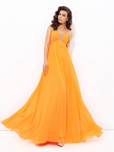 A-line/Princess V-neck Rhinestone Sleeveless Long Chiffon Dresses [60580]