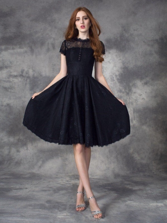 A-line/Princess Jewel Lace Short Sleeves Short Lace Dresses