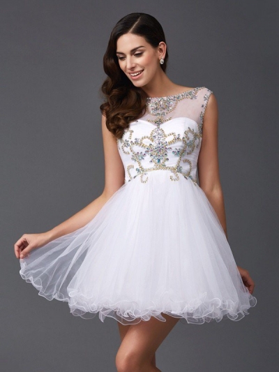 A-Line/Princess Scoop Beading Sleeveless Short Net Dresses [60622]