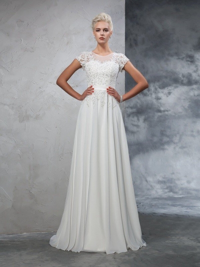 A-Line/Princess Sheer Neck Applique Short Sleeves Long Chiffon Wedding Dresses