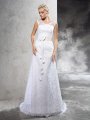 Sheath/Column Sheer Neck Hand-Made Flower Sleeveless Long Satin Wedding Dresses