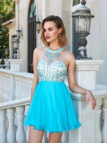 A-Line/Princess Halter Beading Sleeveless Chiffon Short/Mini Dresses