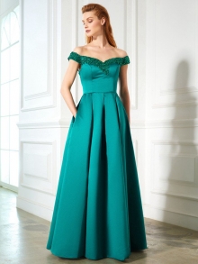 A-Line/Princess Off-the-Shoulder Sequin Sleeveless Satin Floor-Length Dresses