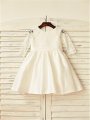 A-line/Princess Jewel Long Sleeves Lace Tea-Length Satin Flower Girl Dresses