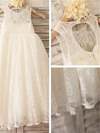 A-line/Princess Scoop Sleeveless Floor-Length Lace Flower Girl Dresses [EL1605523]