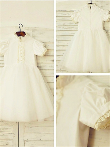 A-line/Princess High Neck Short Sleeves Lace Tea-Length Tulle Flower Girl Dresses