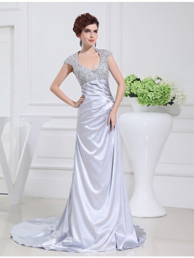 A-Line/Princess Scoop Long Beading Lace Elastic Woven Satin Dresses [N13ZAYS5510]