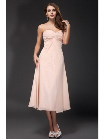 Sheath/Column Sweetheart Ruffles Sleeveless Tea Length Chiffon Bridesmaid Dresses