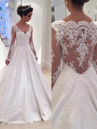 Ball Gown V-neck Long Sleeves Lace Court Train Satin Wedding Dresses [PO16033PO494]