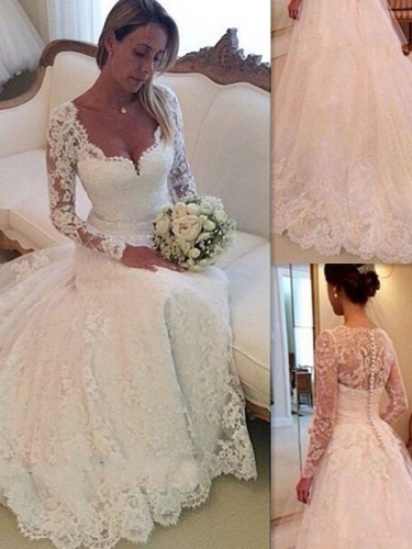 Ball Gown V-neck Long Sleeves Lace Court Train Tulle Wedding Dresses