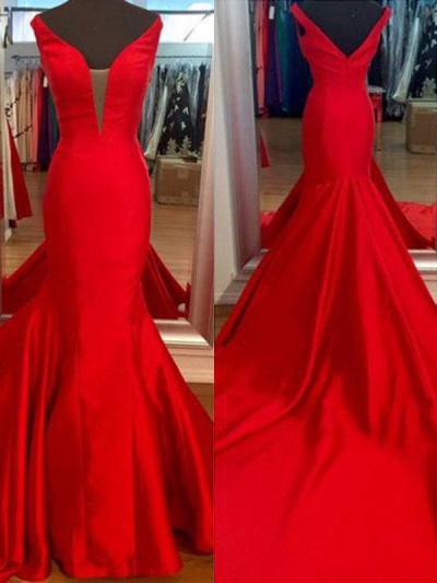 Trumpet/Mermaid V-neck Sleeveless Satin Sweep/Brush Train Dresses [PON1506EV537]