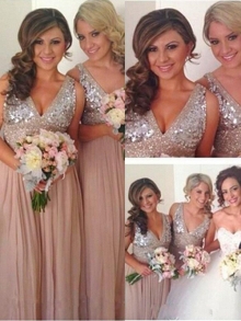 A-Line/Princess V-neck Sleeveless Floor-Length Sequin Chiffon Bridesmaid Dresses